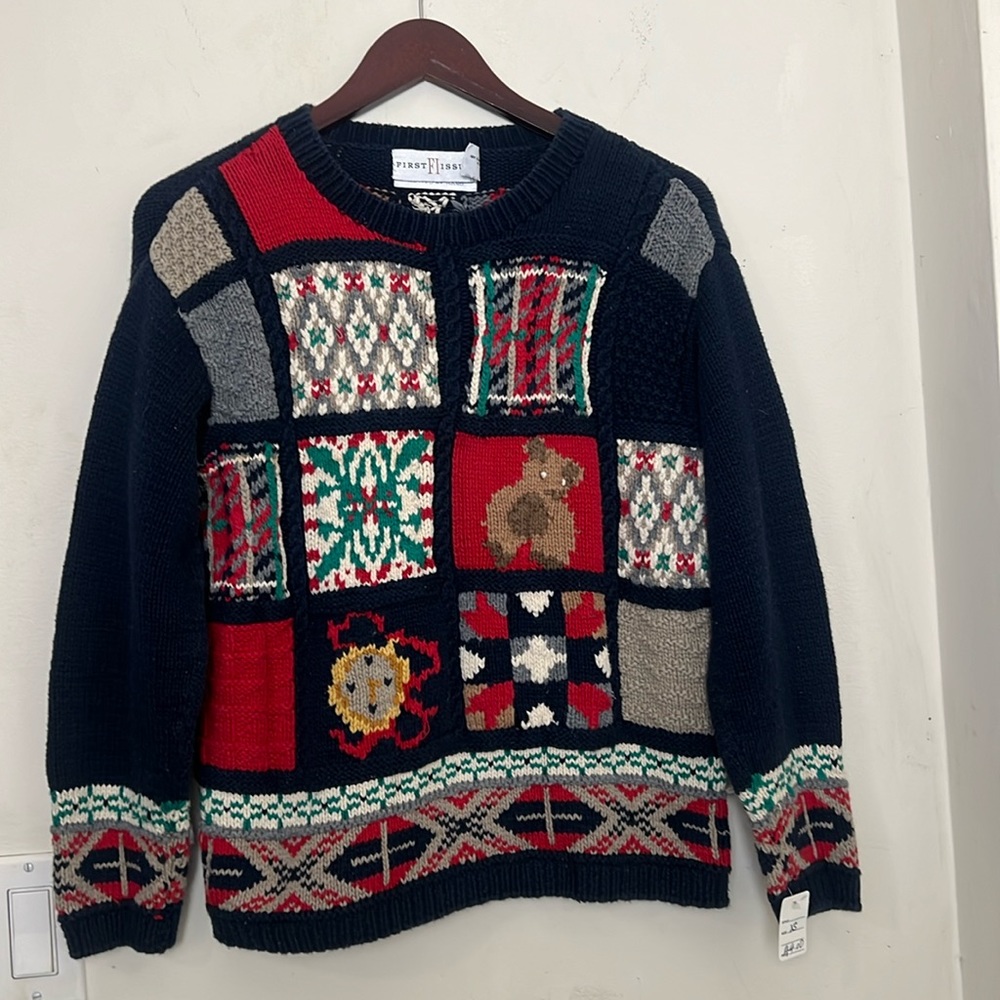 Crafty Double Sided Fair Isle  Patchwork Christmas Sweater by First Issue XS